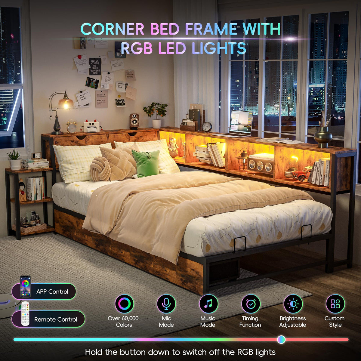 Brown Twin Corner Bed Frame with Storage Bookcase and Bedside Rack W804