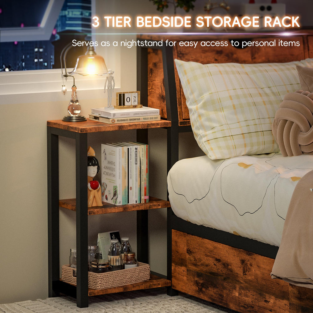 Brown Twin Corner Bed Frame with Storage Bookcase and Bedside Rack W804