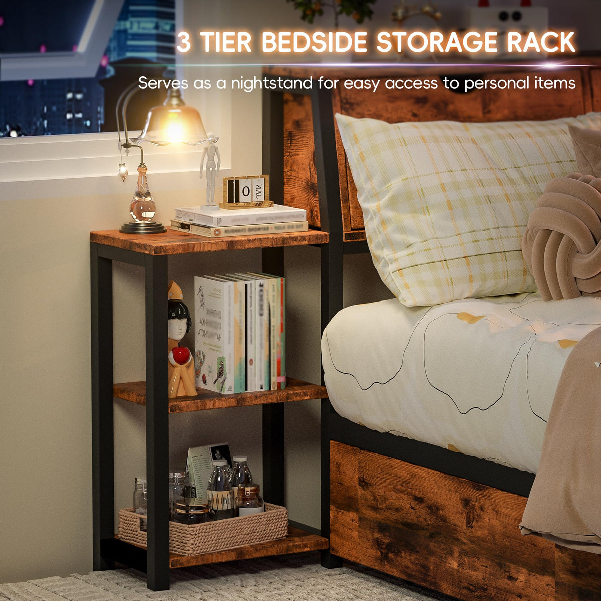 Brown Twin Corner Bed Frame with Storage Bookcase and Bedside Rack W804
